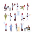 Set arab doctors different poses working process arabic man woman in uniform hospital medicine workers collection male