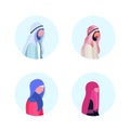 Set arab man woman profile avatar icon isolated female male traditional clothes cartoon character portrait flat Royalty Free Stock Photo