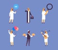 Set arabic businessmen different professions collection chat bubble magnifying celebration guitar waiter male cartoon