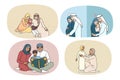 Set of Arabic family with kids in traditional clothes
