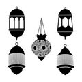 Set of arabic lanterns. Black silhouettes of ramadan lamps. Isolated stock s.