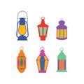 Set of arabic lanterns. Colorful decorative Ramadan lamps icons. Flat design