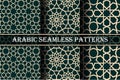 Set of 3 arabic patterns background. Geometric seamless muslim ornament backdrop. yellow on dark green color palette