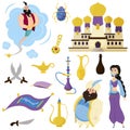 Set of Arabic portraits and cartoon-style characters. Sultan, genie, vessel, magic lamp, carpet, palace Royalty Free Stock Photo