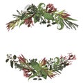 Set of arc, wreath. Greenery and leaves, branches, brunia, blooming eucalyptus, leucadendron, gaultheria, salal, jatropha. Floral