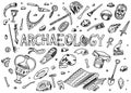 Set of archeology tools, science equipment, artifacts. Excavated fossils and ancient bones. Hand drawn Doodle sketch