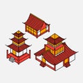 A set of architectural elements in Oriental style. Outline Isometric Pagoda house. Chinese and japanese landmark.