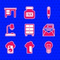 Set Archive papers drawer, Cloud database, Light bulb, Mail and e-mail, Table lamp, Pencil and Office desk icon. Vector