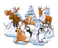 Set of arctic animals like seal, walrus, moose, reindeer, penguin, polar bear, fox