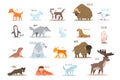 Set of Arctic and Antarctic animals. Fox, wolf, rabbit, penguin, sable, walrus, bear, husky, musk ox, tern, elephant