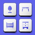 Set Armchair, Office desk, Baby crib cradle bed and Furniture nightstand icon. White square button. Vector Royalty Free Stock Photo