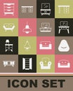 Set Armchair, Pouf, Dressing table, Lamp hanging, Sofa, Furniture nightstand and TV icon. Vector Royalty Free Stock Photo