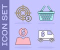 Set Armored truck, Target with dollar symbol, Business man planning mind and Shopping basket icon. Vector