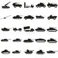 Set Army transport black silhouette icons Vector.