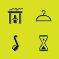 Set Aroma candle, Sauna hourglass, ladle and Hanger wardrobe icon. Vector