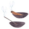 Set for aromatherapy. Watercolor hand drawn burning aromatic incense stick and palo santo wood in bowl isolated on white backgroun Royalty Free Stock Photo