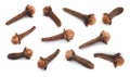 Set with aromatic dried cloves on white background Royalty Free Stock Photo