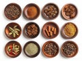 set of aromatic spices on wooden plates on white background Royalty Free Stock Photo
