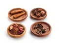set of aromatic spices on wooden plates on white background Royalty Free Stock Photo