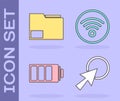 Set Arrow cursor, Document folder, Battery charge level indicator and Wi-Fi wireless internet network icon. Vector