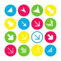 Set of 16 arrow icons with south-east direction. Arrow buttons on white background in crimson, blue, yellow and transparent