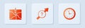 Set Arrow, Intersection point and Clock. White square button. Vector