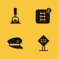 Set Arrow for switching the railway, Railroad crossing, Train driver hat and Online ticket booking icon with long shadow