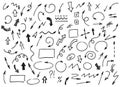 Set of arrows, frames and symbols. Hand drawn freehand vector doodle different curved lines, swirls, crosses, circles