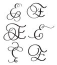 Set of art calligraphy letter E with flourish of vintage decorative whorls. Vector illustration EPS10