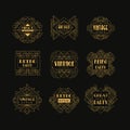 Set of Art Deco badges. Decorative golden frames in vintage style. Luxury linear emblems. Vector design for hotel logo