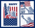 Set of art design of Statue of Liberty with american flag. Design for fourth july celebration USA. American symbol.