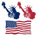 Set of art design of Statue of Liberty with american flag. Design for fourth july celebration USA. American symbol.
