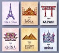 Set of art ornamental travel and architecture on ethnic floral style flyers. Vector decorative banner of card or