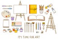 Set of art supplies isolated on white - easel, sketchbooks, paints, watercolor, palette, brushes, drawing pencils - cartoon Royalty Free Stock Photo