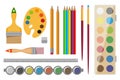 Set of Art supplies. Paint tools collection - eraser, paint, palette, pencil, brush, ruler. Artists supplies. stationery