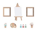 Set of art tools. Frames for paintings, canvas on easel, brushes, color palette, cans with paints vector flat