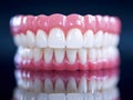 Set of artificial dentures with white teeth and pink gums reflecting on a glossy surface against a dark backdrop, showcasing Royalty Free Stock Photo