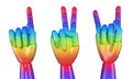 Set of artificial hands in rainbow colors showing gestures Royalty Free Stock Photo