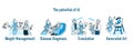Set of artificial inteligence illustration, group of robot A.I. and people activities graphic blue tone color modern cartoon style
