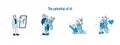 Set of artificial inteligence illustration, group of robot A.I. and people activities graphic blue tone color modern cartoon style