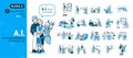 Set of artificial inteligence illustration, group of robot A.I. and people activities graphic blue tone color modern cartoon style