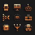 Set Artificial intelligence AI, Funnel or filter, robot, Processor CPU, Neural network, and icon. Vector Royalty Free Stock Photo