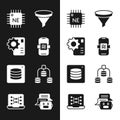 Set Artificial intelligence AI, Neural network, Processor CPU, Funnel filter, Server, Data, Chat bot and icon. Vector Royalty Free Stock Photo
