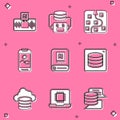 Set Artificial intelligence AI, robot, Neural network, Mobile phone, Server, Data, Cloud database and Processor CPU icon Royalty Free Stock Photo