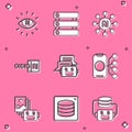 Set Artificial intelligence AI, Server, Data, Neural network, Binary code, Chat bot, robot and icon. Vector Royalty Free Stock Photo