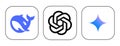 Set of artificial intelligence mobile apps icons, on transparent background, such as DeepSeek, ChatGPT and Gemini vector