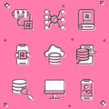 Set Artificial intelligence robot, Neural network, AI, Cloud database, Server, Data, and Computer monitor icon. Vector Royalty Free Stock Photo