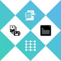 Set Artificial intelligence robot, Neural network, Server, Data and Web developer programming code icon. Vector Royalty Free Stock Photo