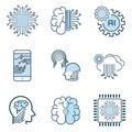 Set of Artificial Intelligence Vector Line Icons, Face Recognition, Android, Humanoid Robot, Thinking Machine. Editable Stroke