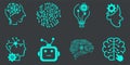 SET of 8 of Artificial Intelligence Vector Line Icons Set. Face Recognition, Android, Humanoid Robotic concept vector and